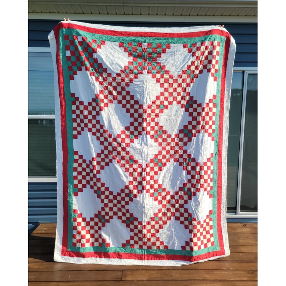Vintage Irish Chain Quilt Handmade 94x73 Postage Stamp Unique Pattern Red Farm